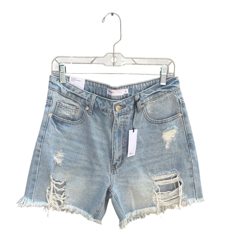 TMR Jeans Womens High Rise Distressed Denim Shorts Light Wash Blue Size L NWT